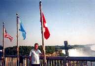 The Canadian and American flags on the Rainbow Bridge at Niagara Falls
